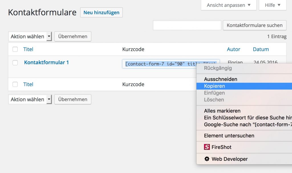 Kopieren eines Shortcodes in Contact Form 7